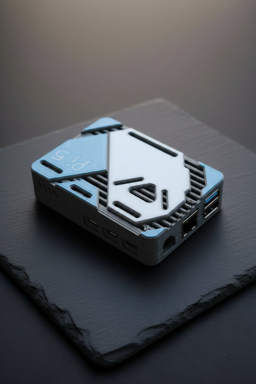A rugged, rectangular electronic device with a gray and bright blue protective casing, featuring a white geometric logo on top and 'Pi 5' printed on a blue panel, resting on a textured concrete surface.