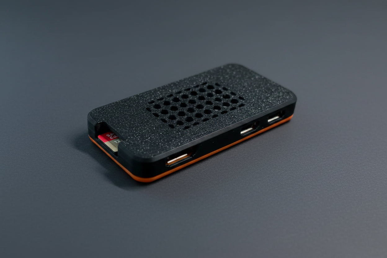 A small rectangular electronic device with a textured black top, a grid of circular cutouts, and visible USB-A ports on the side, photographed on a plain light background.