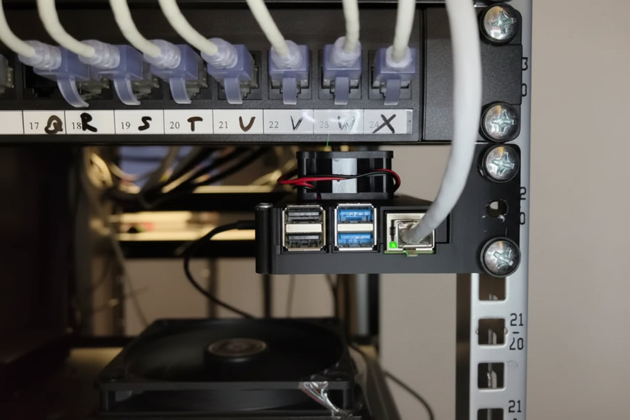 Close-up of a network rack device with Ethernet ports at the top and a USB hub module attached below, showing blue USB ports and white cables inside a server rack.